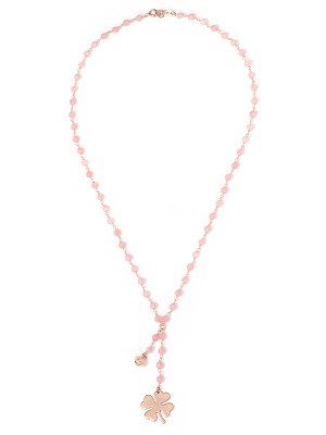 Collana in argento color rosa, pietre naturali agata rosa con quadrifoglio e campanella