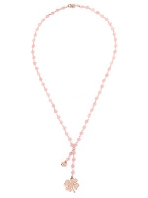 Collana in argento color rosa, pietre naturali agata rosa con quadrifoglio e campanella