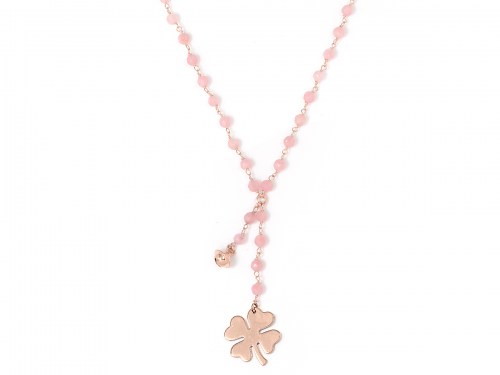 Collana in argento color rosa, pietre naturali agata rosa con quadrifoglio e campanella