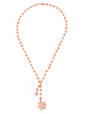 Collana in argento color rosa, pietre naturali agata arancione con quadrifoglio e campanella