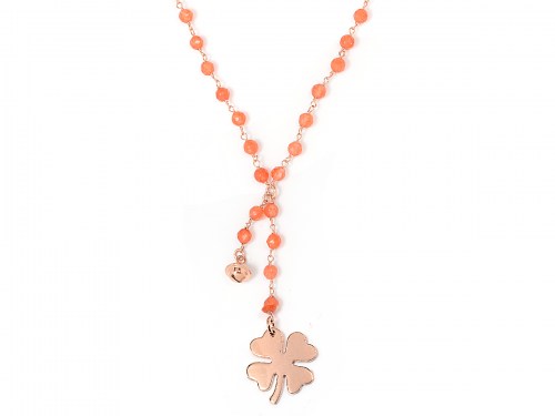Collana in argento color rosa, pietre naturali agata arancione con quadrifoglio e campanella