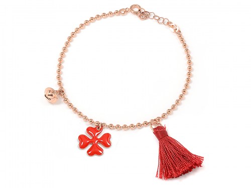 Bracciale in argento color oro rosa con campanella, nappa rossa e quadrifoglio smaltato