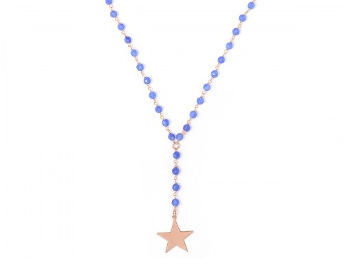 Collana in argento color oro rosa con pietre naturali agata Blu e pendente stella