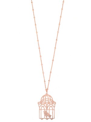 Collana in argento color rosa con uccellino in gabbia